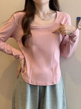 大码女装胖mm设计正肩方领新款秋冬T恤长袖显瘦鱼骨百搭打底上衣