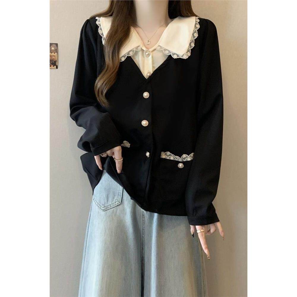 大码女装遮肚子小香风娃娃领衬衫女秋冬胖妹妹显瘦假两件减龄上衣