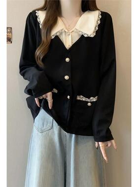 大码女装遮肚子小香风娃娃领衬衫女秋冬胖妹妹显瘦假两件减龄上衣