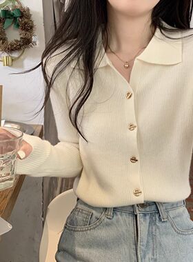 早秋新款女装长袖针织开衫polo领毛衣纽扣简约设计感别致打底上衣