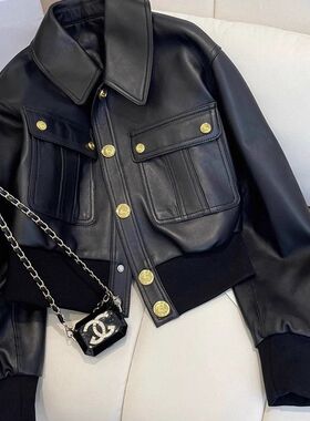 小香风设计感黑色翻领pu皮衣2025短外套女春秋机车服夹克上衣