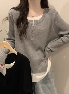 灰色大码两件秋冬季显瘦春秋新款宽松减龄洋气打底设计上衣长袖