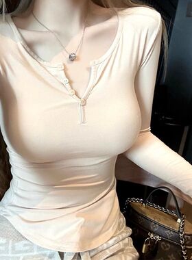 辣妹春秋舒适好弹力t恤女修身显瘦甜辣长袖上衣打底衫百搭V领开衫