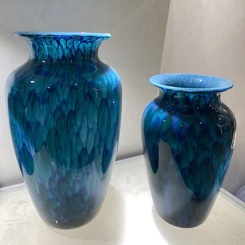 现代轻奢孔雀蓝厚重玻璃花瓶摆件客厅插花客厅玄关样板间琉璃花器