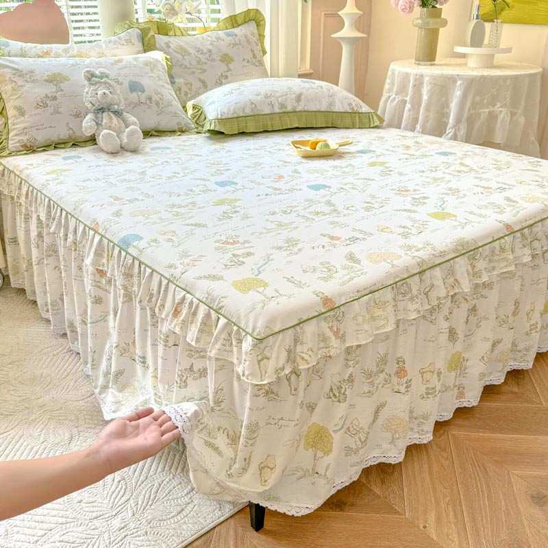 小清新花边全棉床裙单件 防滑花卉单人双人加厚床套1.8m纯棉床罩