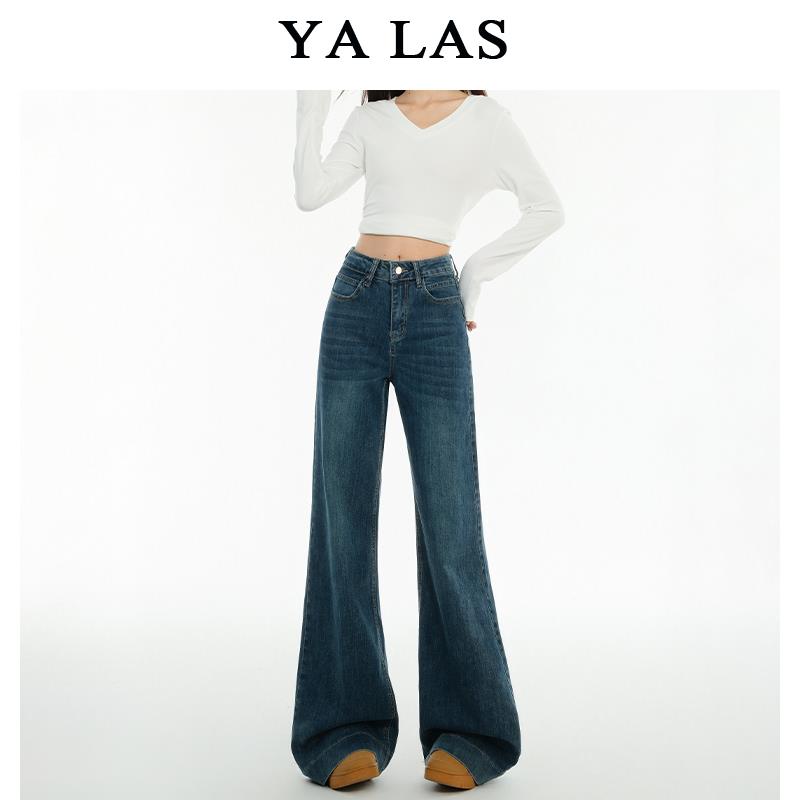 复古蓝微喇直筒牛仔裤女2025春季新款小个子高腰显瘦垂顺阔腿裤子