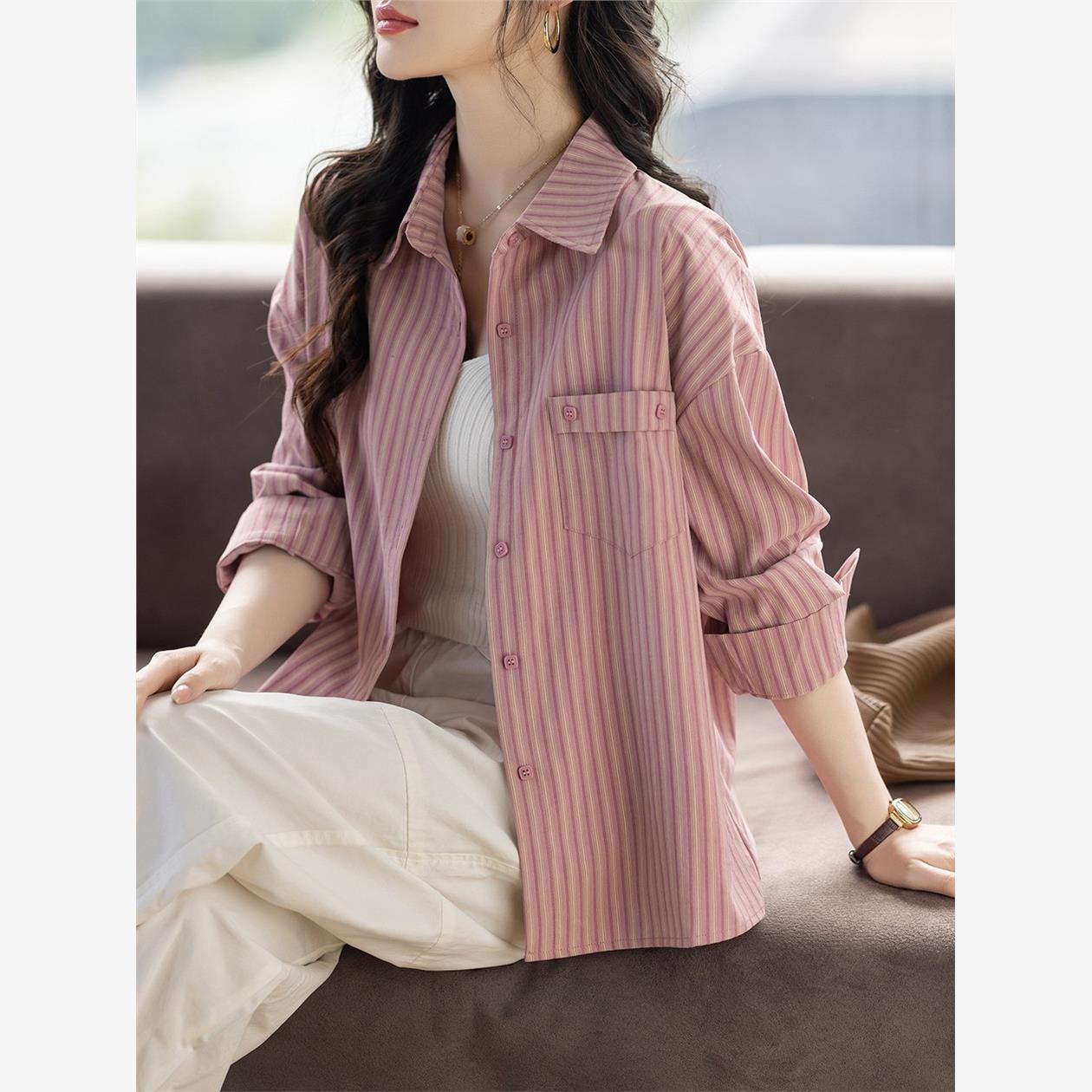 粉色条纹polo领长袖衬衫