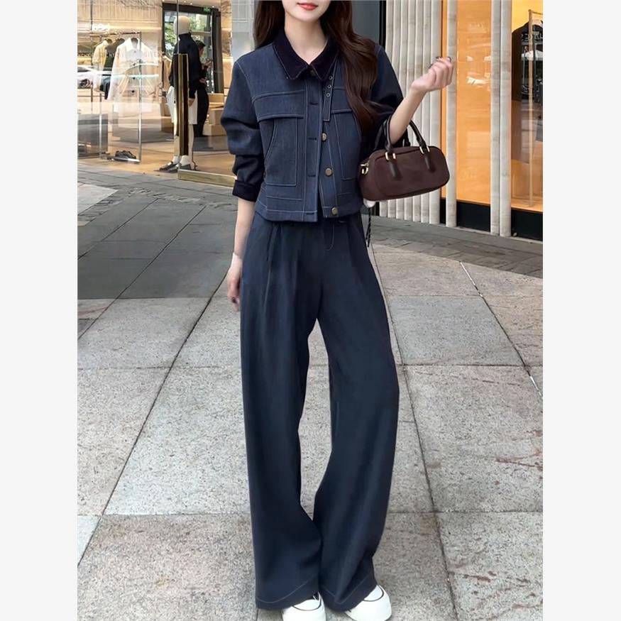 2025秋季新款简约时尚拼接短外套直筒裤两件套小众设计感时尚百搭