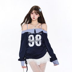 MJMT自制美式辣妹一字肩卫衣女秋季运动风时尚显瘦露肩绝美上衣
