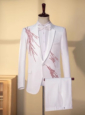 新款白色贴花舞台西装歌手演出服男司仪主持大合唱礼服男西服套装