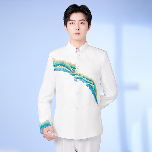 白色中山装合唱团演出男表演服装