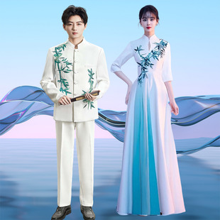 嫁心郎白色中山装演出服男成人男士舞台表演服装主持人歌手礼服