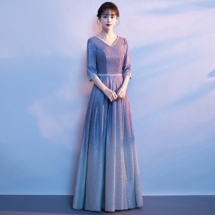 星空大合唱演出服女气质主持人指挥服学生舞台朗诵长裙渐变晚礼服
