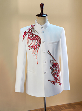 白色贴花中山装民族演出服男司仪主持男士大合唱礼服歌手舞台套装