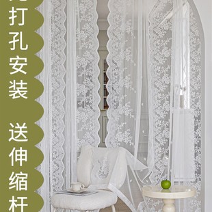 纱帘送伸m缩杆门帘简易飘窗法式 免打孔安装 蕾丝小窗户短窗帘遮挡