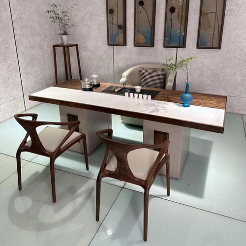 新中式轻奢岩板茶桌2024新款高端嵌入式茶盘黑胡桃木实木泡茶台