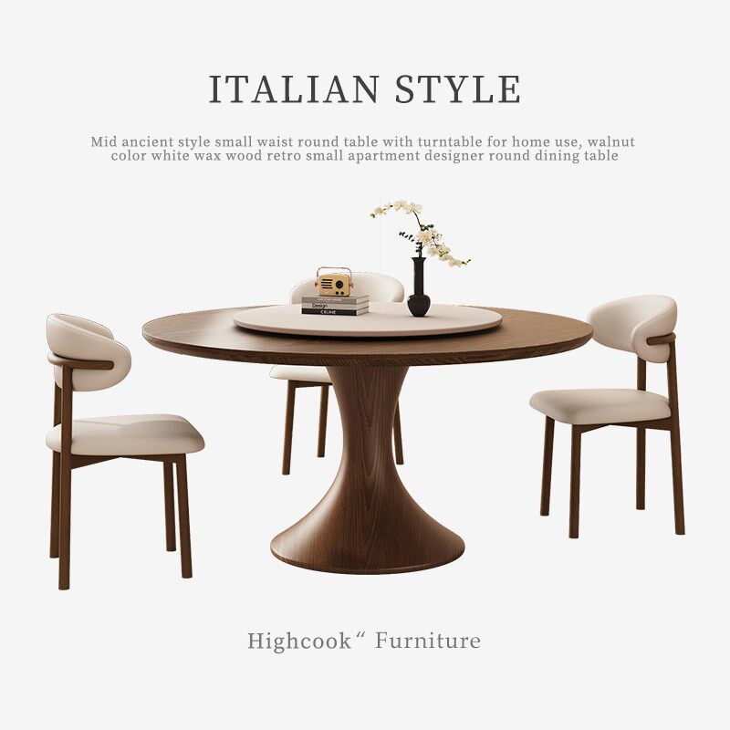 中古风小蛮腰圆桌带转盘家用胡桃色白蜡木复古小户型设计师圆餐桌