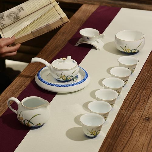 成艺白玉瓷功夫茶具套装兰花田园风整套陶瓷盖碗茶壶茶杯礼品送礼