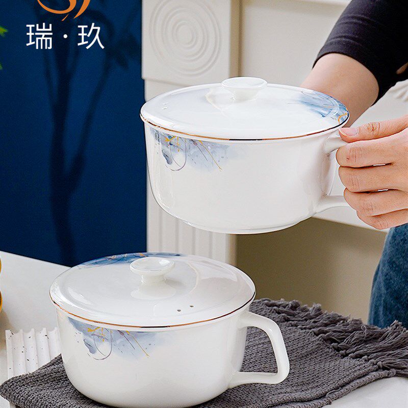 唐山骨瓷有盖有柄泡面碗家用保鲜碗泡面碗汤碗微波饭碗