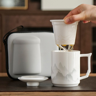 羊脂玉陶瓷办公杯泡茶杯带盖过滤茶水分离白瓷高端个人马克杯定制
