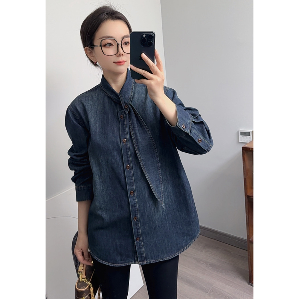 加厚磨毛复古牛仔衬衫女宽松欧版蓝兔飘带翻领设计感不规则衬衫