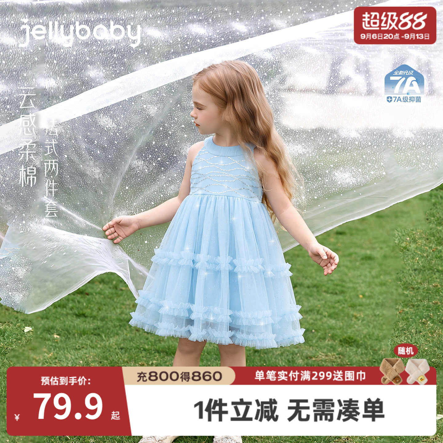 女童公主裙夏季小童圆领纱裙夏日蓝色儿童裙子2026新款宝宝连衣裙