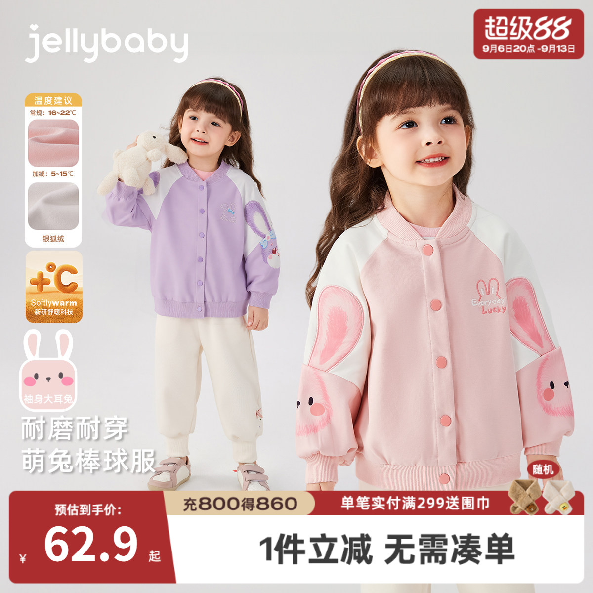 女童棒球服春秋宝宝可爱兔子衣服长袖小童加绒运动童装潮儿童外套图片