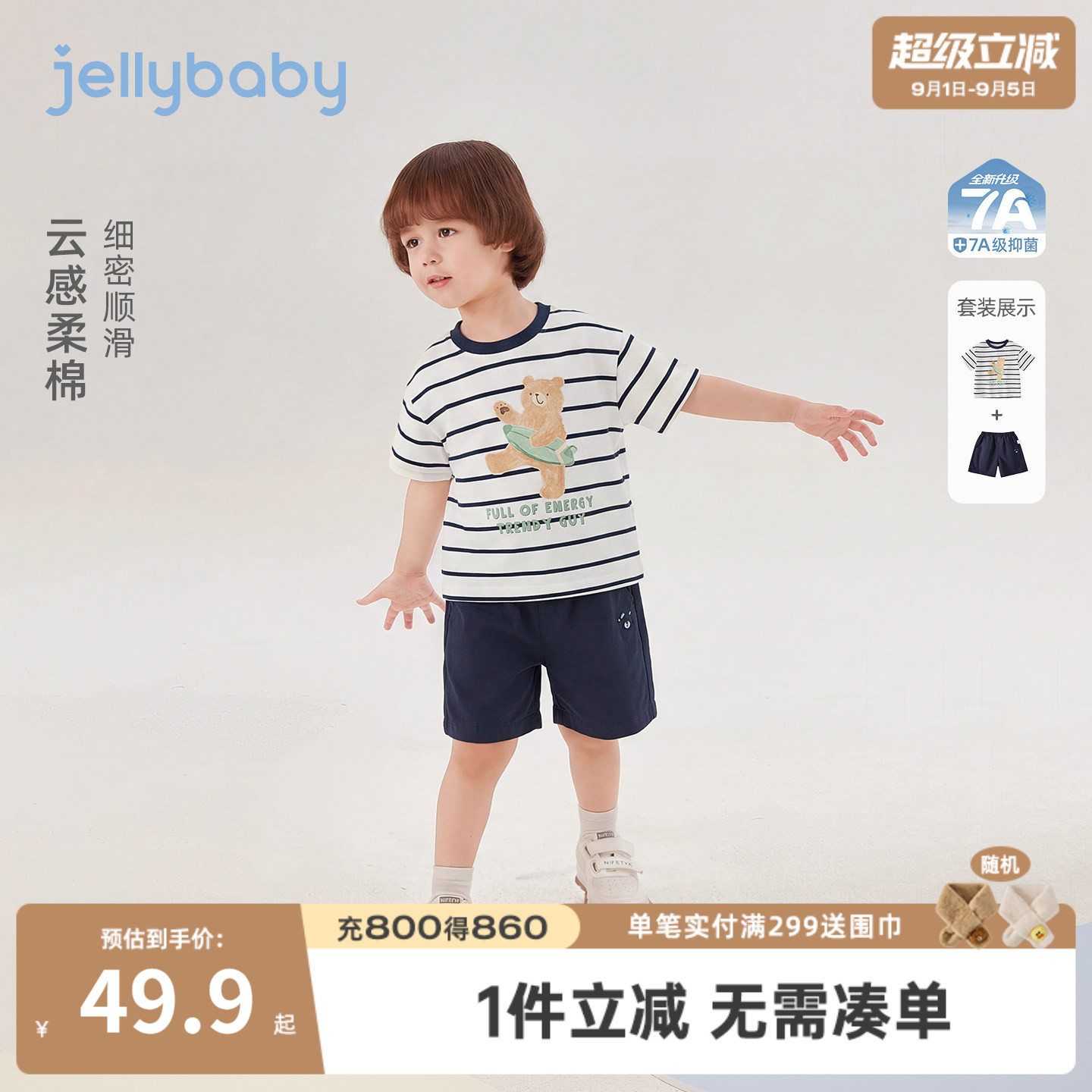 男童夏季运动风条纹T恤短裤套装图片