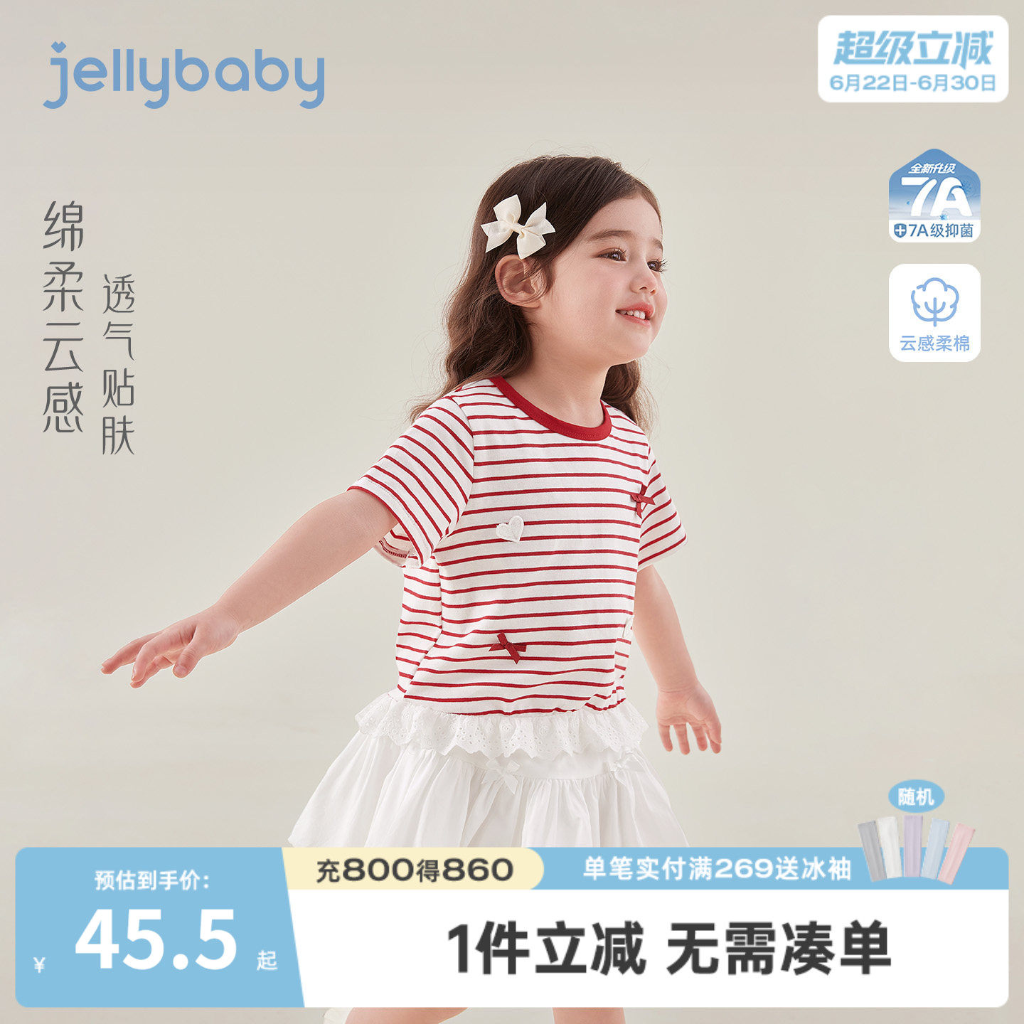 jellybaby女童圆领t恤甜美宝宝上衣条纹小童夏装6岁夏季女童短袖