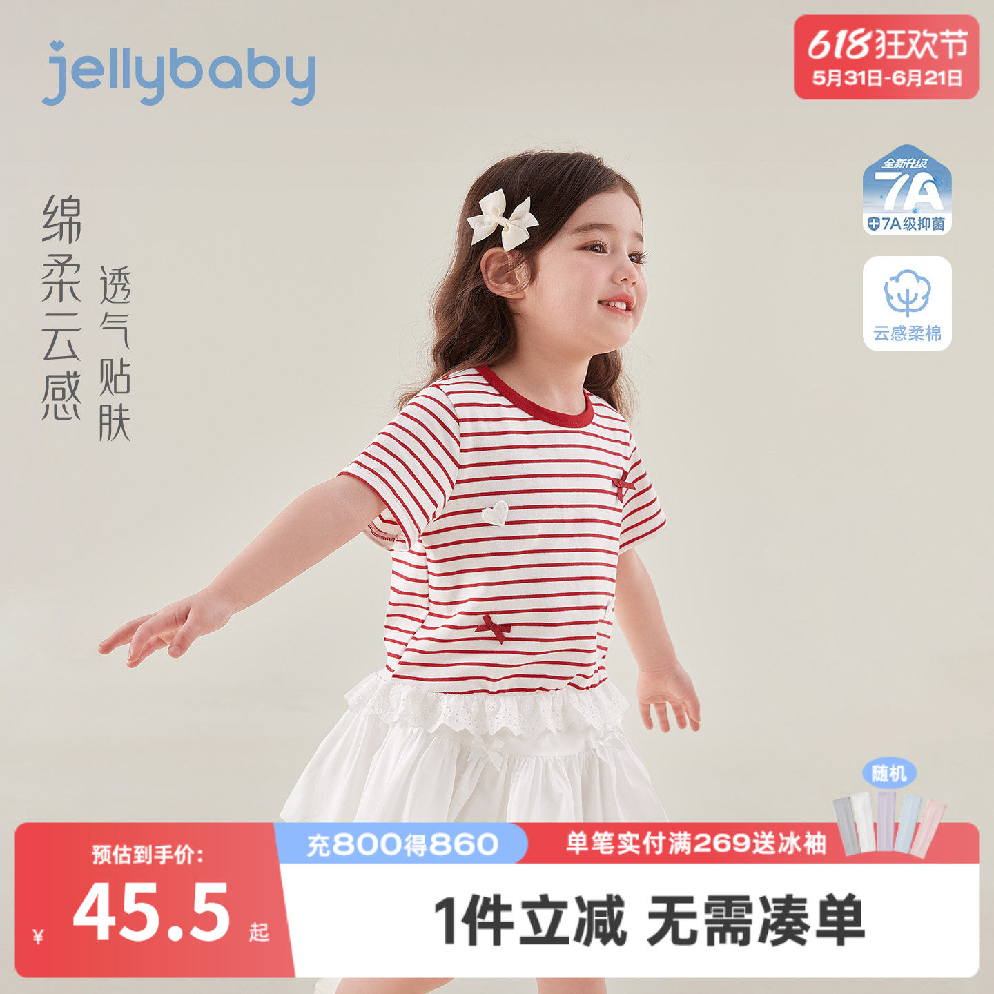 jellybaby女童圆领t恤甜美宝宝上衣条纹小童夏装6岁夏季女童短袖