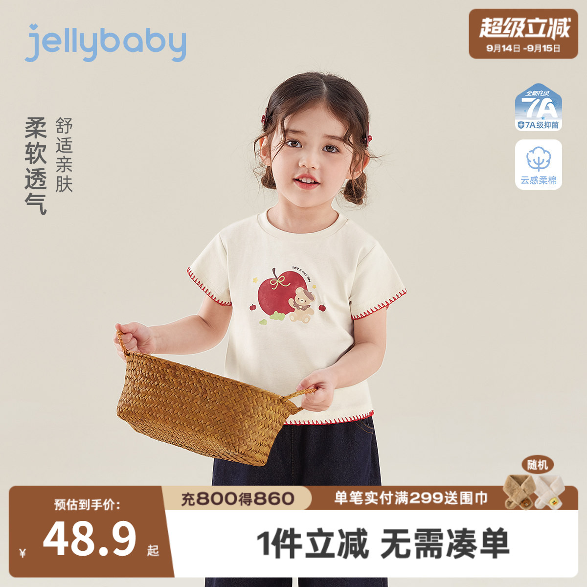 女童夏季透气薄款短袖印花T恤图片