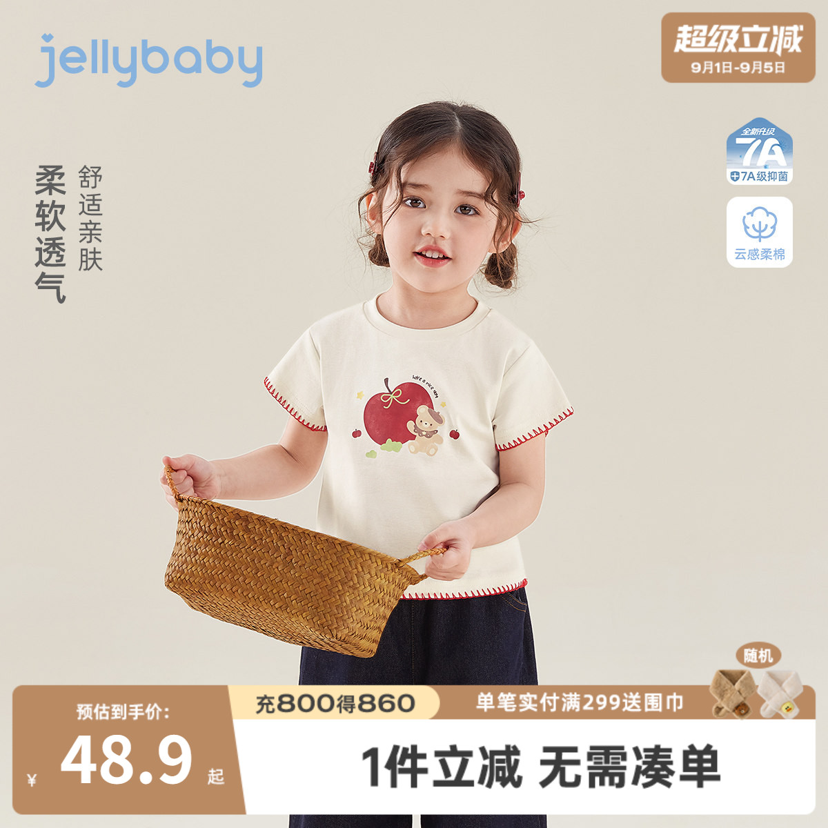 女童夏季透气薄款短袖印花T恤图片