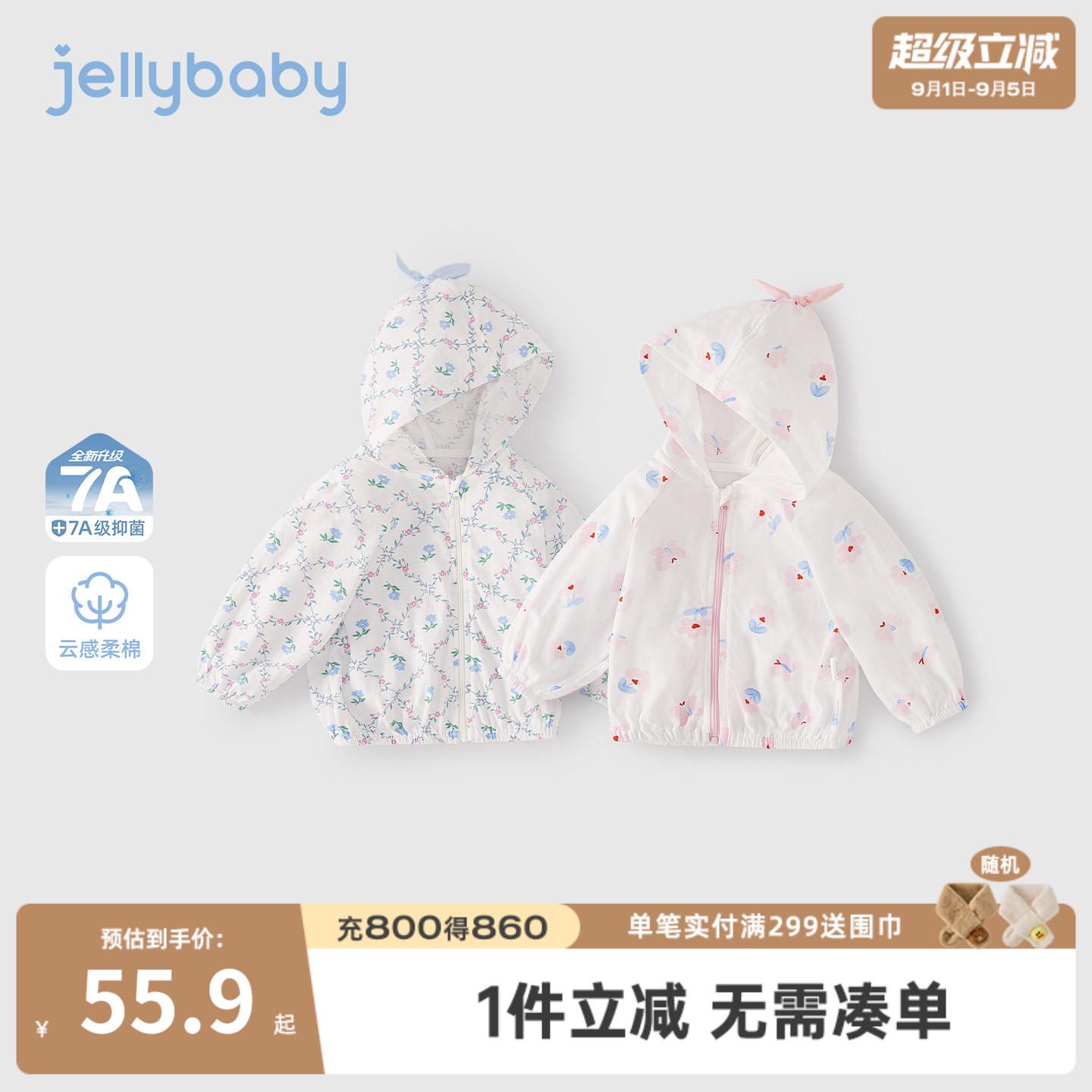 杰里贝比女童纯棉薄款带帽外套图片