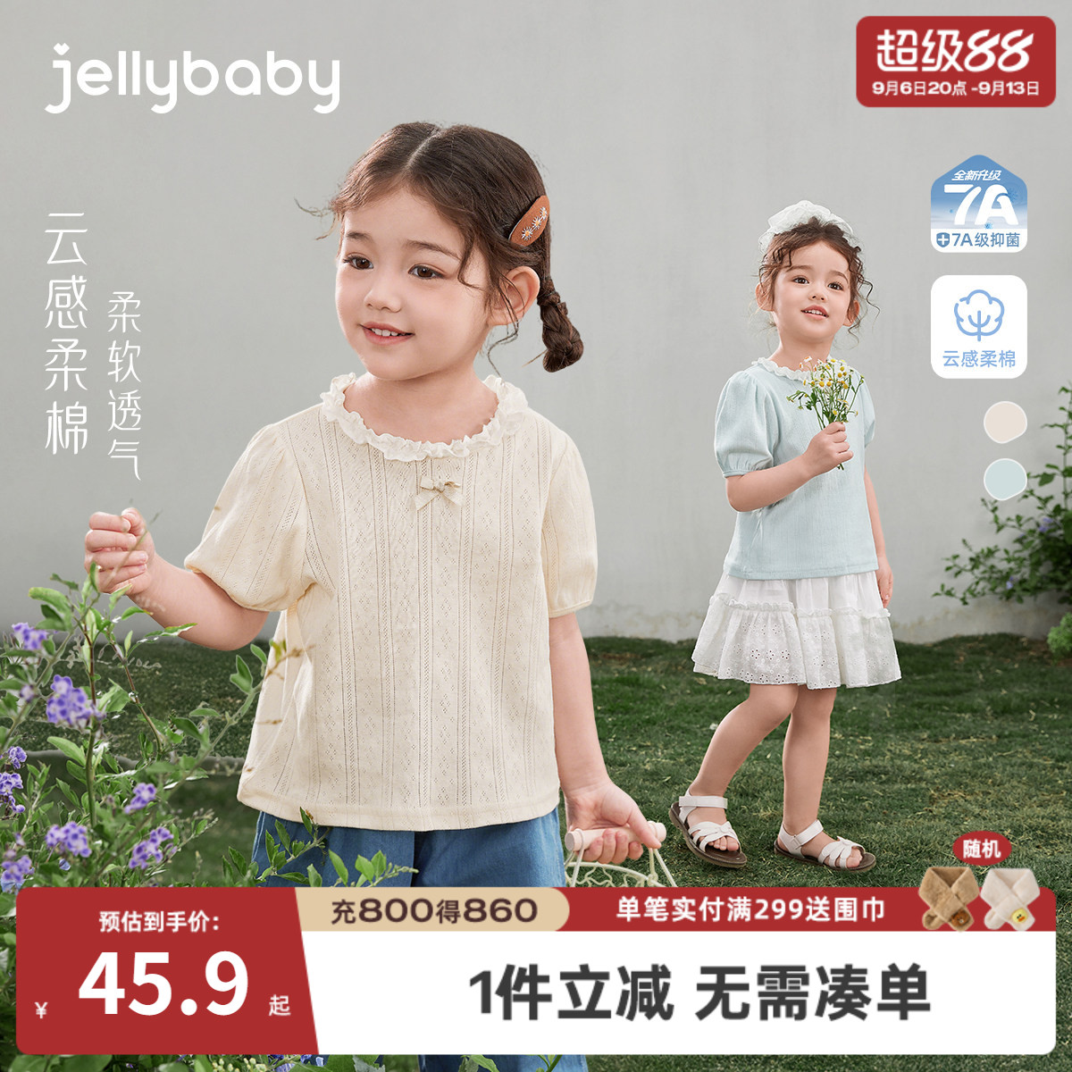 女童夏季纯棉法式花边短袖T恤图片