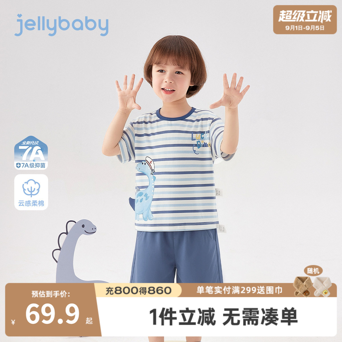 男童夏季条纹T恤短裤2件套图片