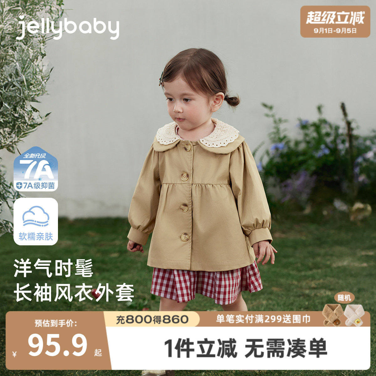 7A抑菌女童法式翻领长袖风衣图片