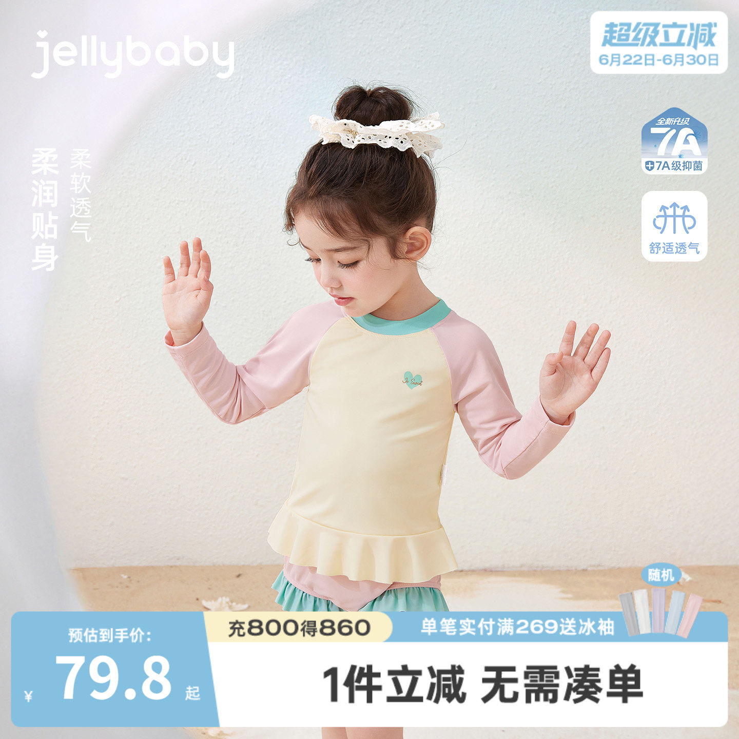 杰里贝比女童防晒速干分体泳衣