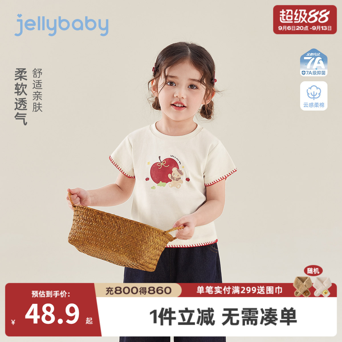 女童夏季透气薄款短袖印花T恤图片