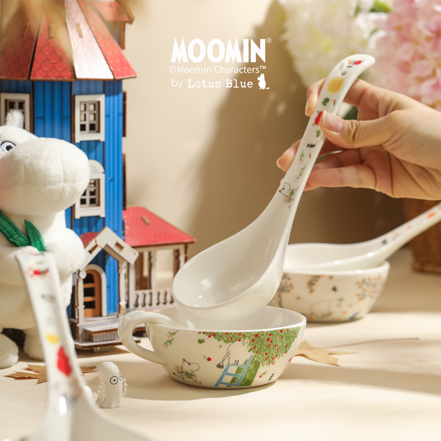 moomin姆明汤勺家用大号盛汤长柄陶瓷分餐勺带味碟高级感砂锅勺子