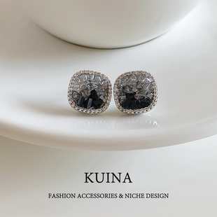 新款 渐变水晶耳钉精致镶钻高级感黑色方形耳环小众轻奢纯银针耳饰