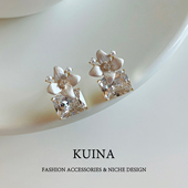 精致珐琅花朵方糖耳钉女小众设计纯银针耳环轻奢高级感独特耳饰品