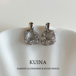 法式轻奢几何满钻耳钉女气质耳坠时尚高级感耳环精致小香风耳饰品