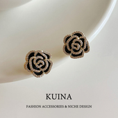 高级感黑色山茶花耳扣耳环女轻奢气质独特耳钉新爆款 小香风耳饰品