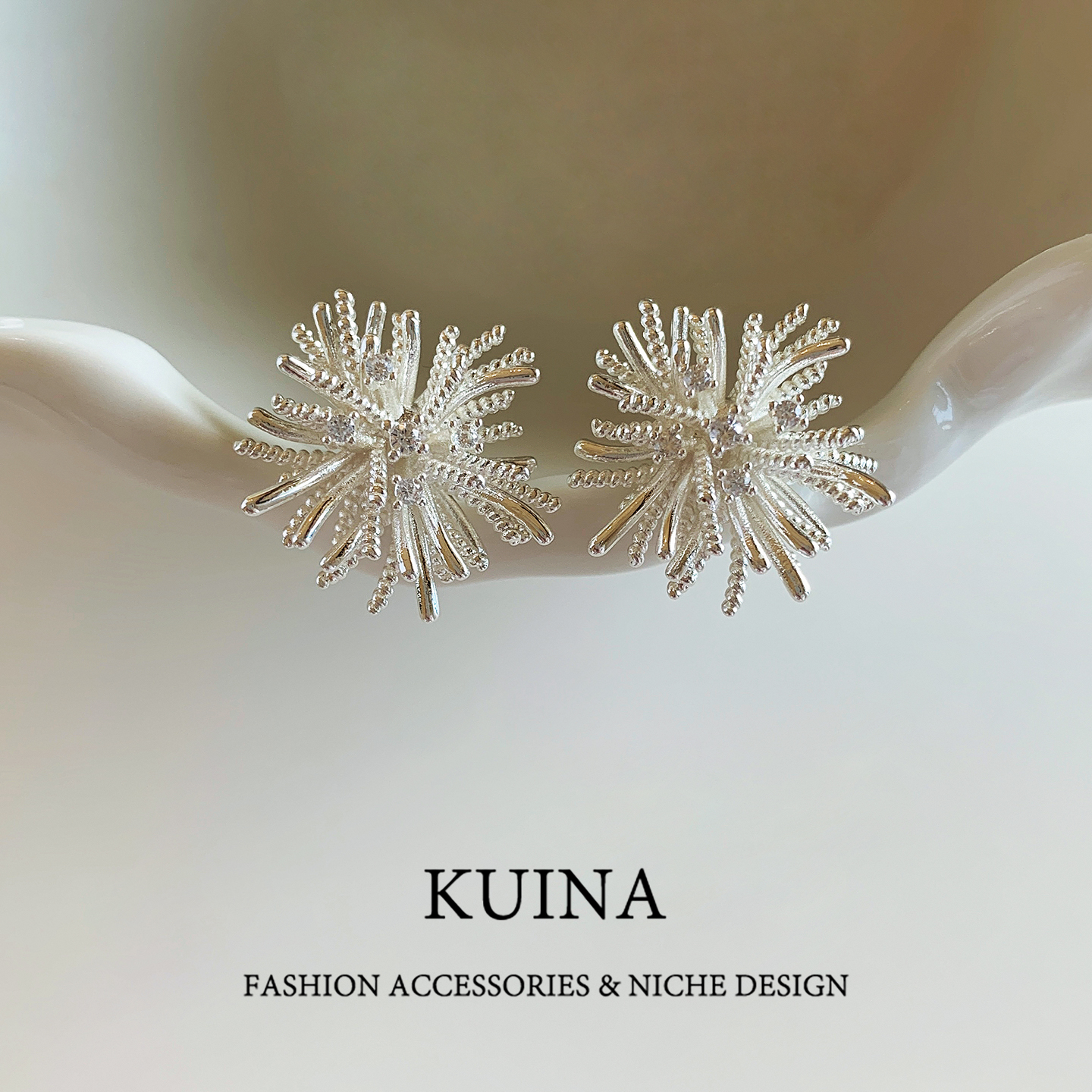 银色锆石花朵耳环女轻奢高级感纯银针耳钉气质独特2025新爆款耳饰