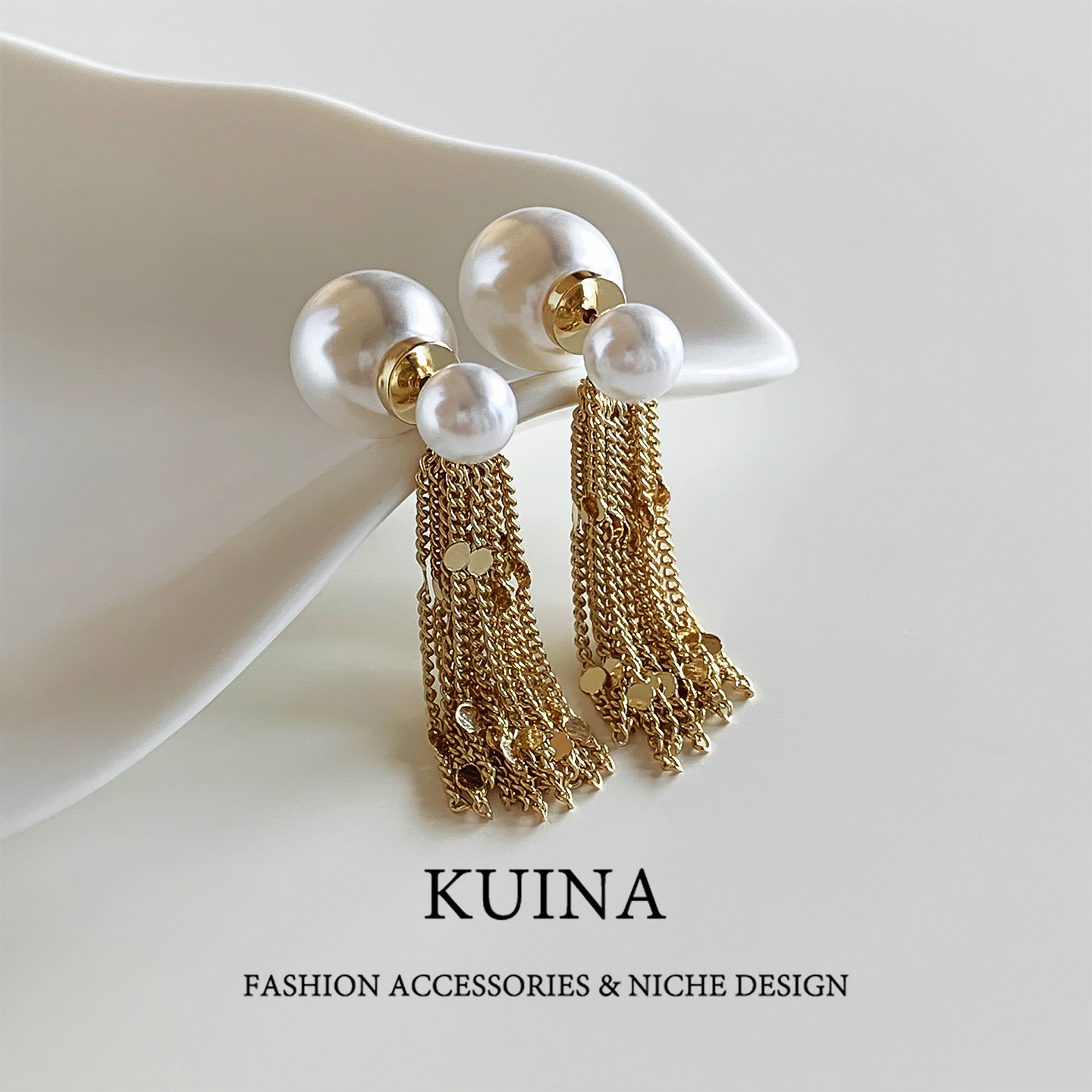 气质长款金色流苏珍珠耳钉