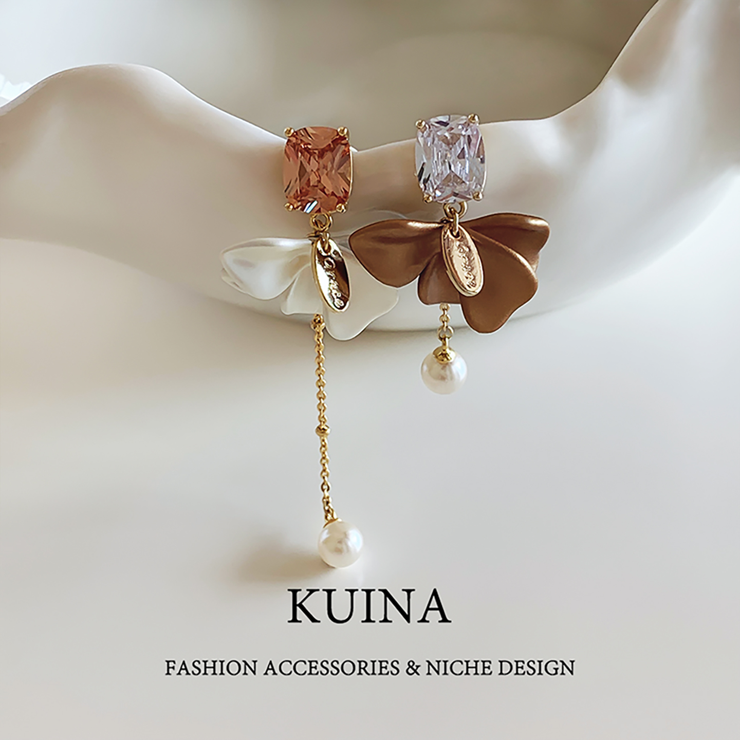 气质珍珠流苏耳钉女新款法式花朵