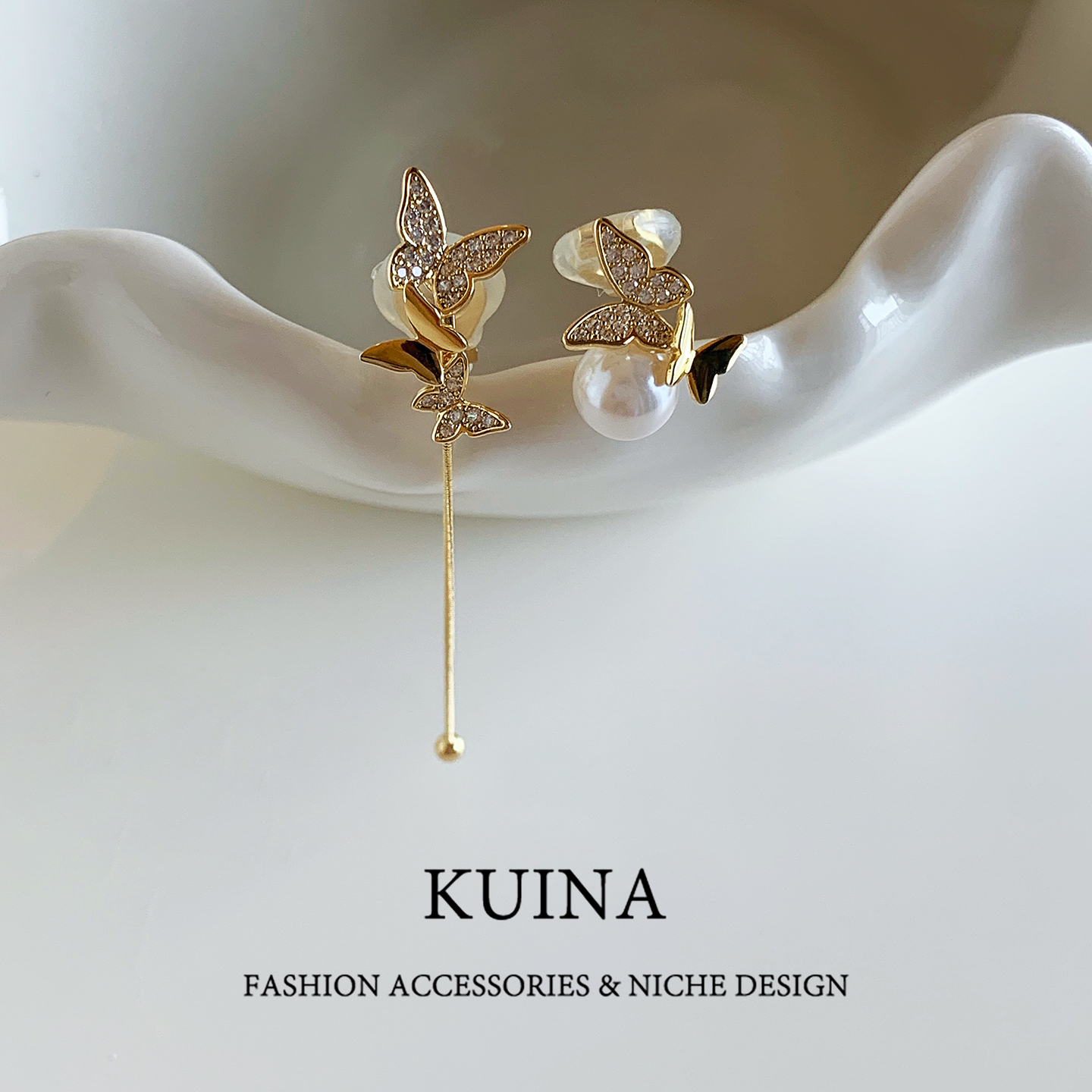 金色蝴蝶流苏ab款耳夹2025新款珍珠无耳洞耳环轻奢气质高级感耳饰