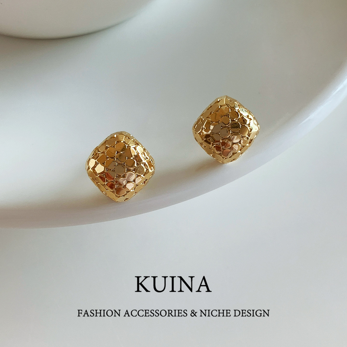 爆闪碎碎冰金色方形耳钉纯银针女士耳环轻奢高级感精致小巧耳饰品