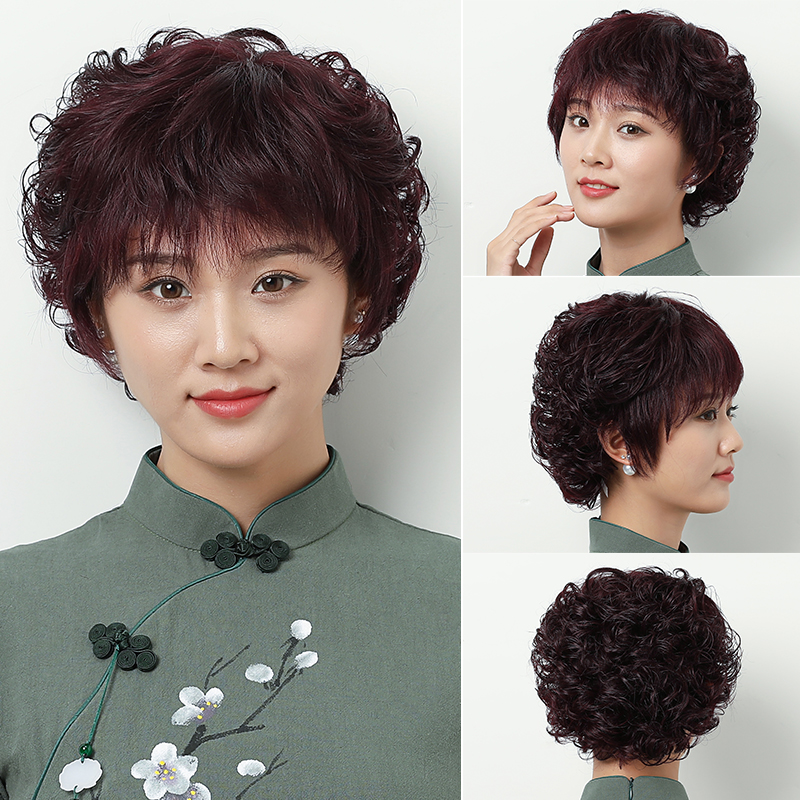 真发假发女短发妈妈短卷发发型真人发丝自然中老年U全头套式假头
