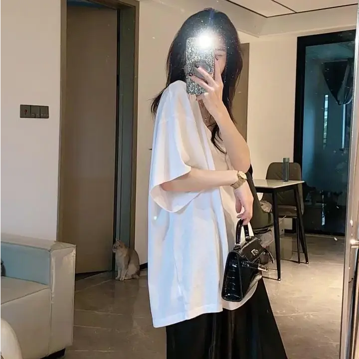 大V领冰感T恤慵懒风短袖女显瘦大码宽松版新款夏季遮肉